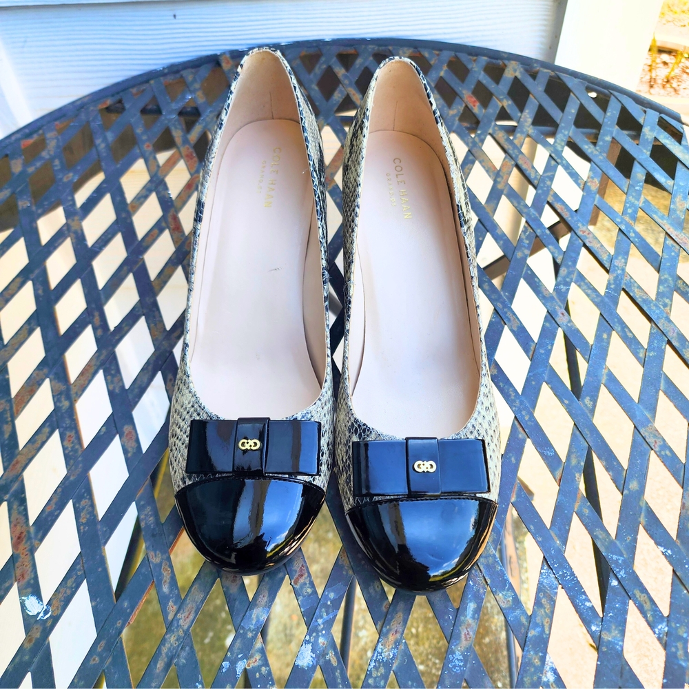 Cole Haan Black and Cream Heels with Bow Accent